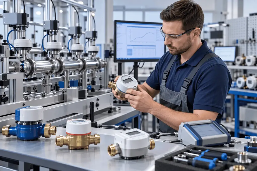 Servicetechniker prüft und dokumentiert die Eichung moderner Wasserzähler und Wärmezähler in einem technischen Prüfbereich.