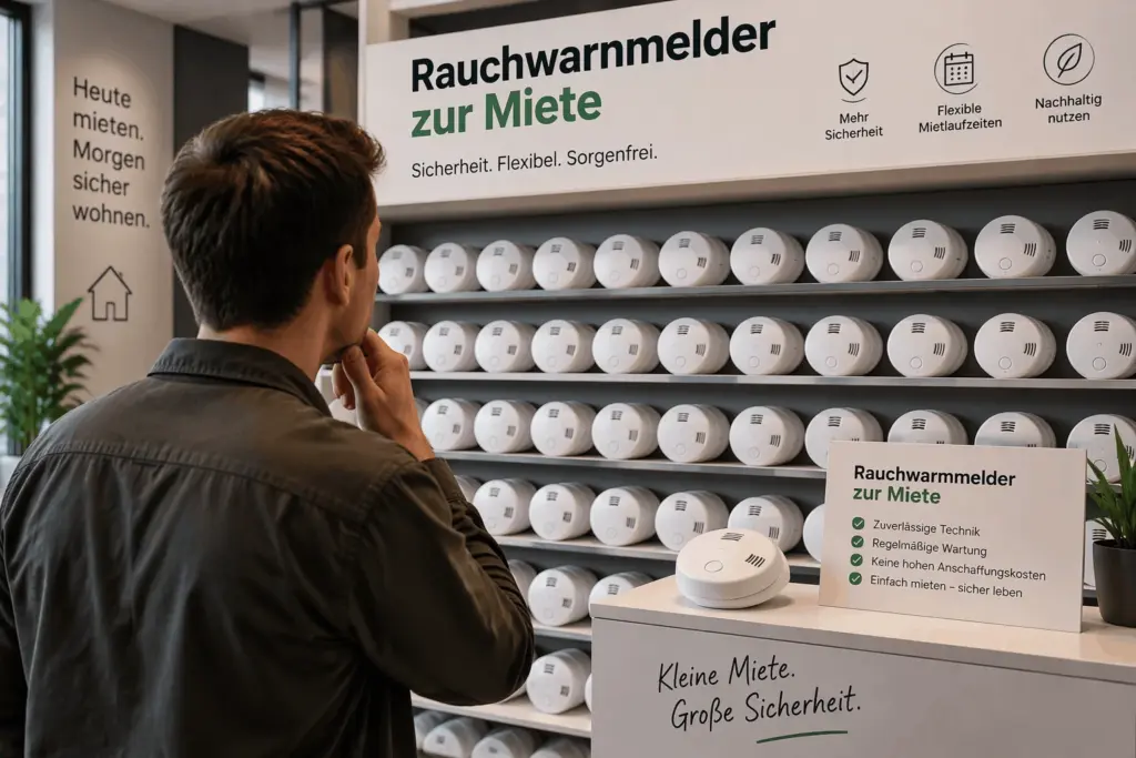 Servicetechniker prüft einen modernen Rauchwarnmelder in einer hellen Wohnimmobilie zur Sicherstellung des Brandschutzes.