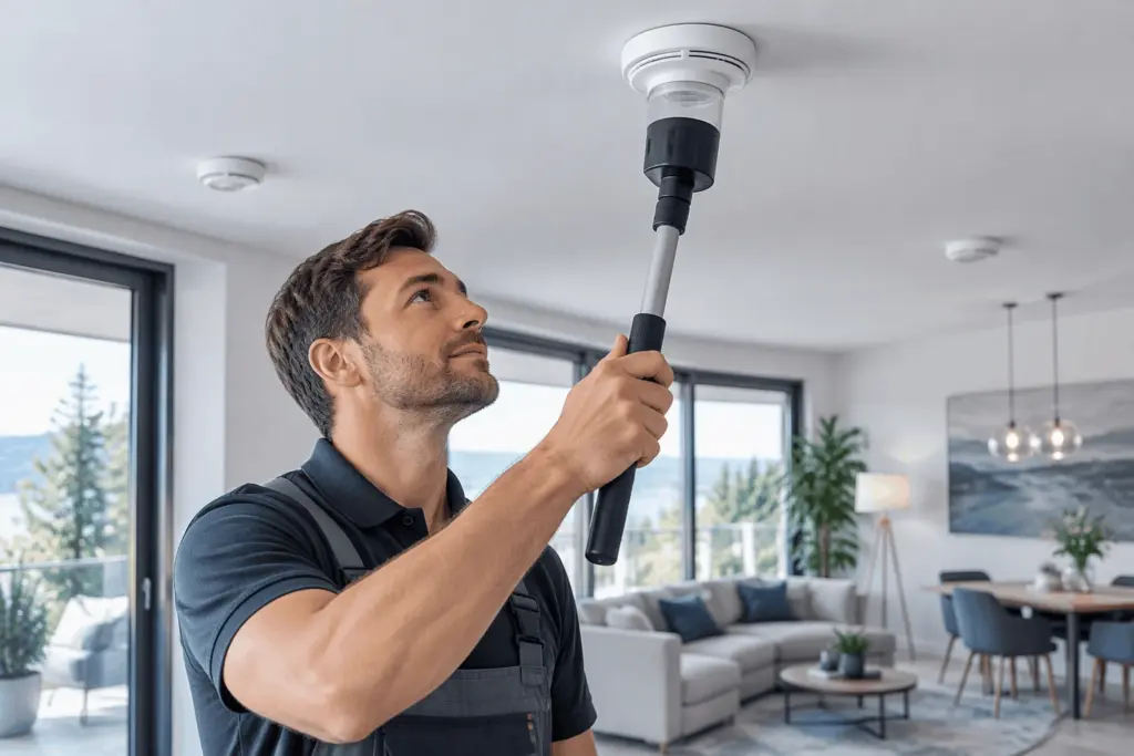 Servicetechniker führt eine Funktionsprüfung an einem modernen Rauchwarnmelder in einer Wohnimmobilie durch.