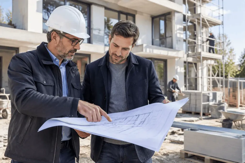Baubegleiter prüft gemeinsam mit einem Bauherrn Pläne auf einer modernen Baustelle vor einem Gebäude.